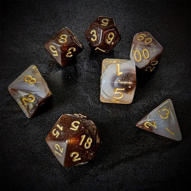 Glitter in White & Brown Acrylic - 7pcs RPG Full Dice Set Scatter